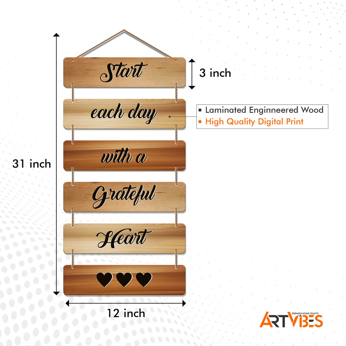 Artvibes Start Each Day with a Grateful Heart Designer Wall Hanging Wooden Art | Quotes Decor Item | Wall Poster | Office Decor | Wall Art Print | Inspirational quotes | Gift Items (WH_3245N)