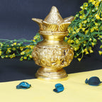 ARTVARKO Brass Laxmi Ganesh Kalash with Coconut Lakshmi Ganesha Kalash Manglam Nariyal Leaf Puja Temple Home Decorative Items 6 Inches