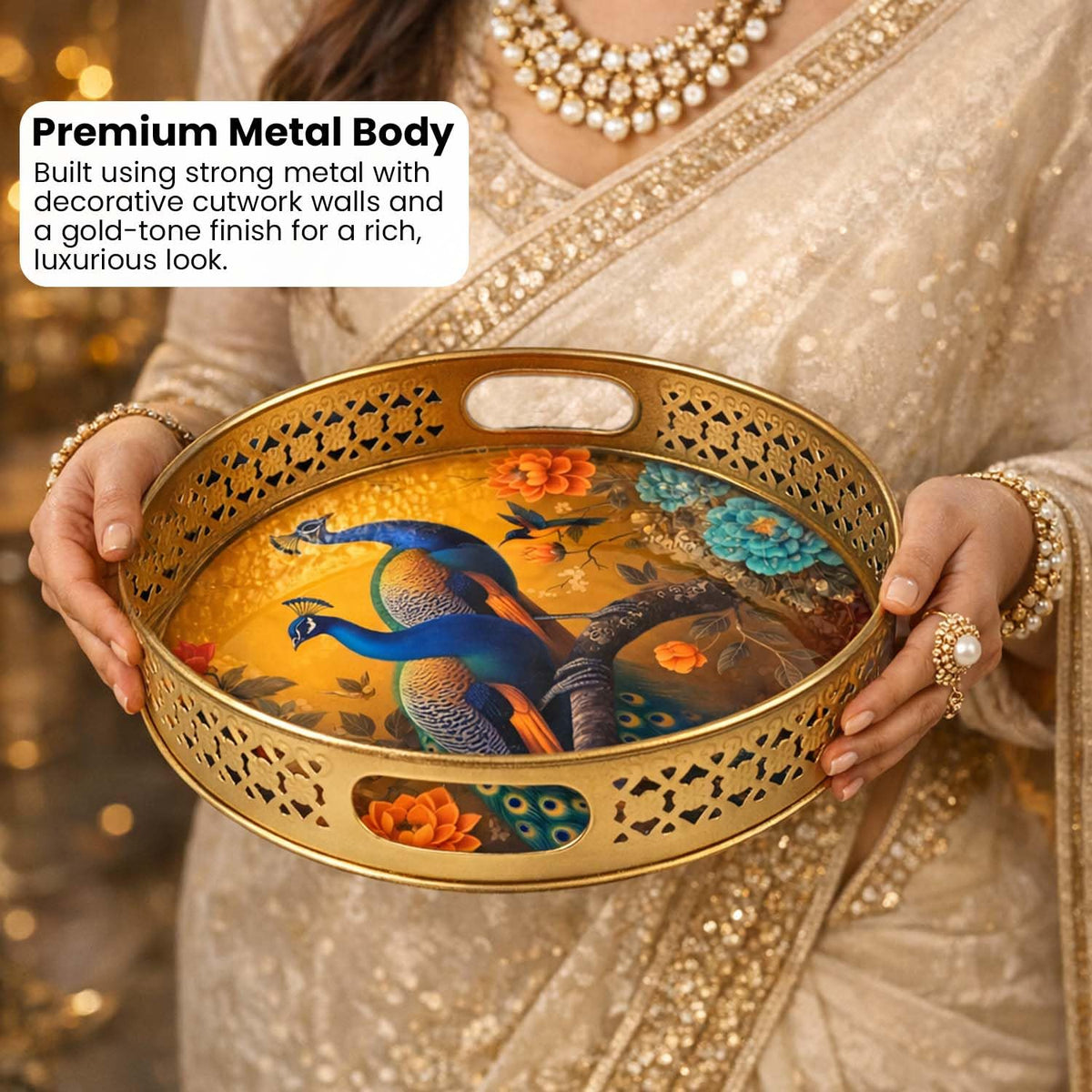 Go Hooked Gold Metal Decorative Tray Set of 2 | Round Peacock Artwork Accent Trays for Home Décor, Coffee Table Decoration, Romantic Valentine Gift & Premium Interior Styling (8/10 Inch)
