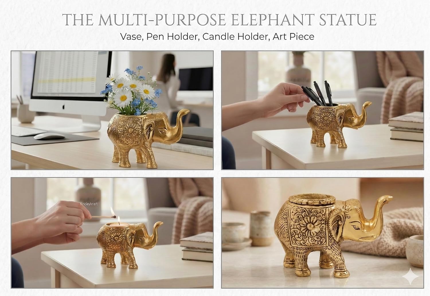 Kridaykraft Decorative Metal Trunk-Up Elephant – Multi-Purpose Small Flower Vase, T-Light Holder, and Stationery Organizer for Living Room and Office – Elegant Gold Elephant Statue for Good Luck
