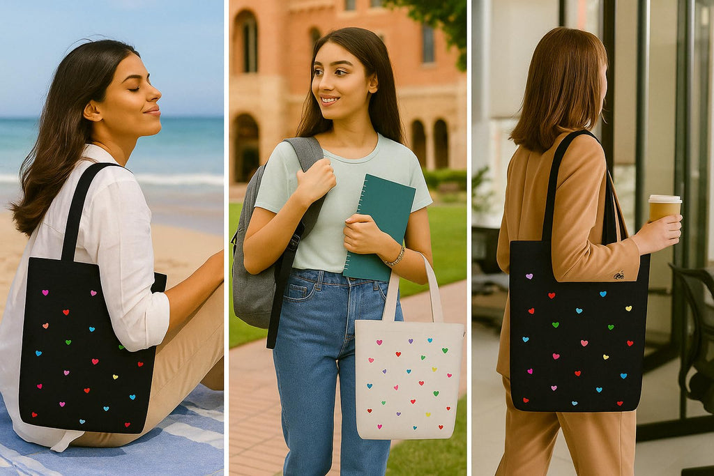 MASQ by Q-One Cute Genes Foldable Reusable Tote Bag for Women with Zip | College Bag for Girls | 100% Organic Canvas Tote for Shopping, Travel & Beach | (Heart Black)