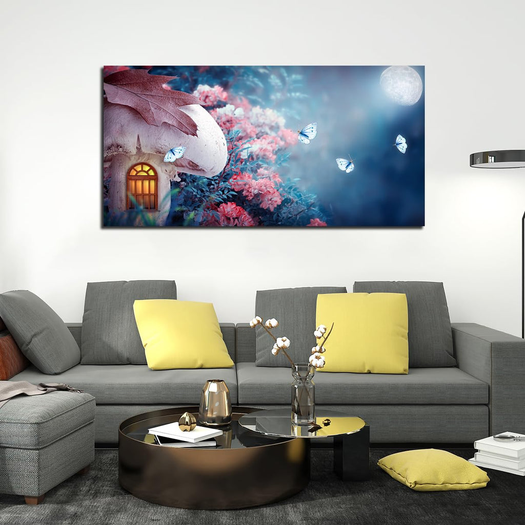 VIBECRAFTS Canvas Paintings for Living Room Drawing Room Beautiful Wall Painting of Mushroom House in Enchanted Fairy Tale Forest Fitted with Wooden Frame for Home|Office|Gift(PTVCH_2297NV)