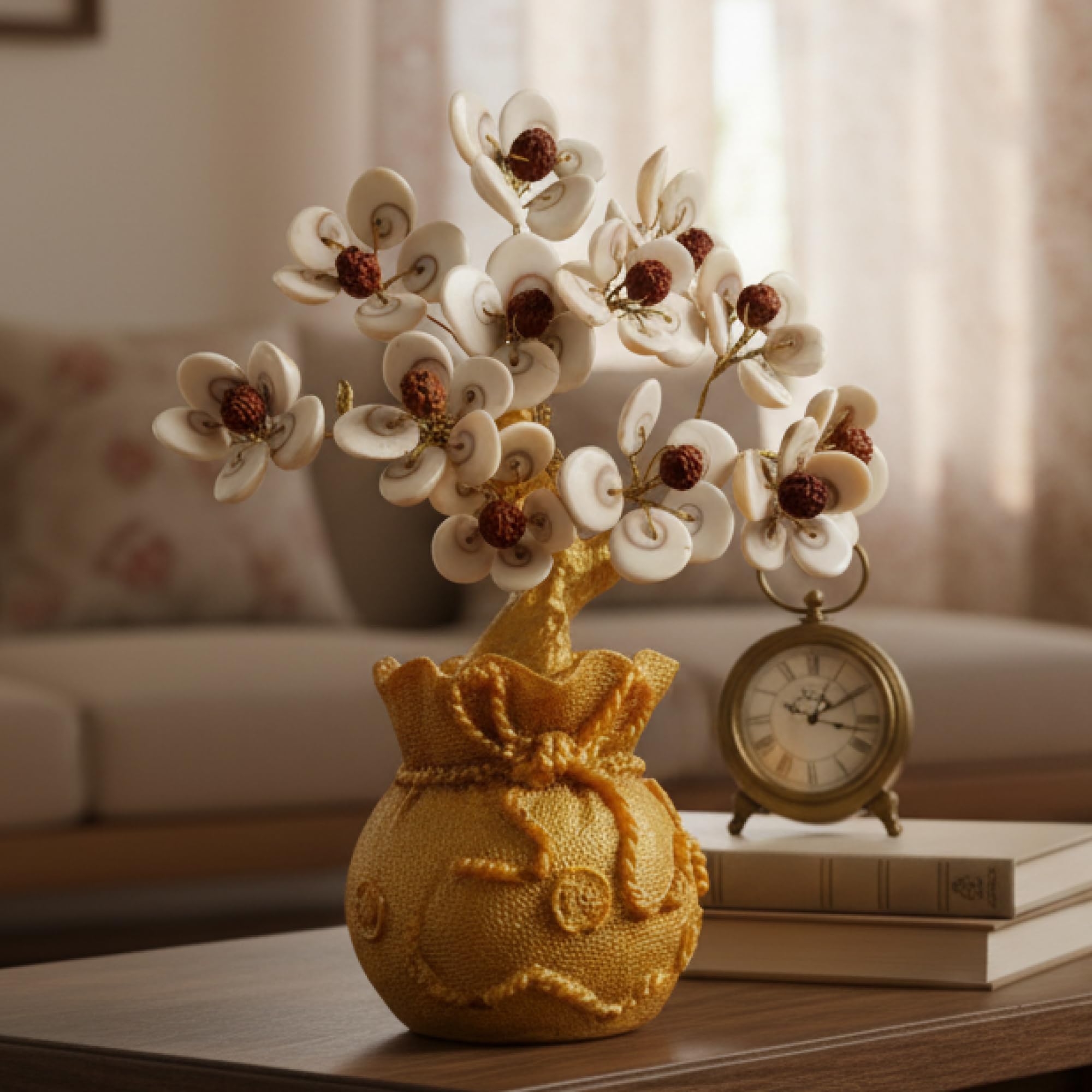 Fourteen Crystals Gomti Chakra Crystal Bonsai Tree with Golden Pot| Handmade Feng Shui Tree for Love, Harmony & Healing | Home Decorative Item - Showpiece Good Luck Gift