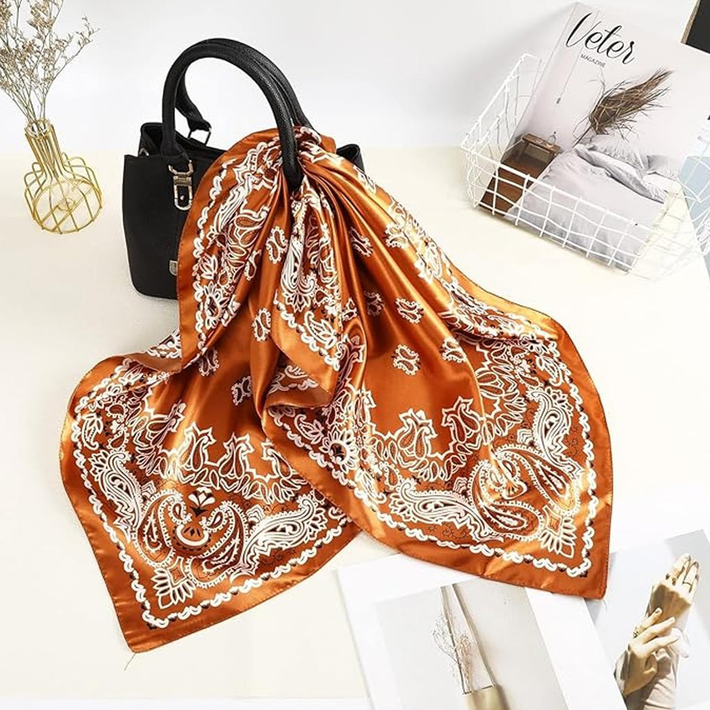 Ahamo Silk Square Scarf for Women 90 x 90 cm Coffee Paisley Print Satin Scarf Hair Scarf for Women Fashion Bandana Head Scarf Neck Scarf Stylish Accessories for Travel Party Daily Wear