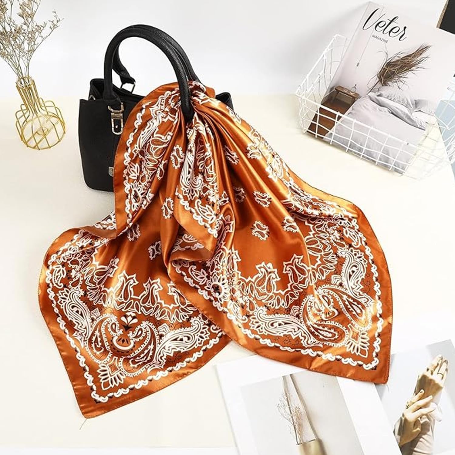 Ahamo Silk Square Scarf for Women 90 x 90 cm Coffee Paisley Print Satin Scarf Hair Scarf for Women Fashion Bandana Head Scarf Neck Scarf Stylish Accessories for Travel Party Daily Wear