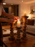Wooden Pillar Candle Stand Set of 3 – Handcrafted Mango Wood Rustic Candle Holders for Home Décor, Dining Table Centerpiece & Wedding Decoration – Sizes 30×10cm,25 * 10 cm &15×10cm