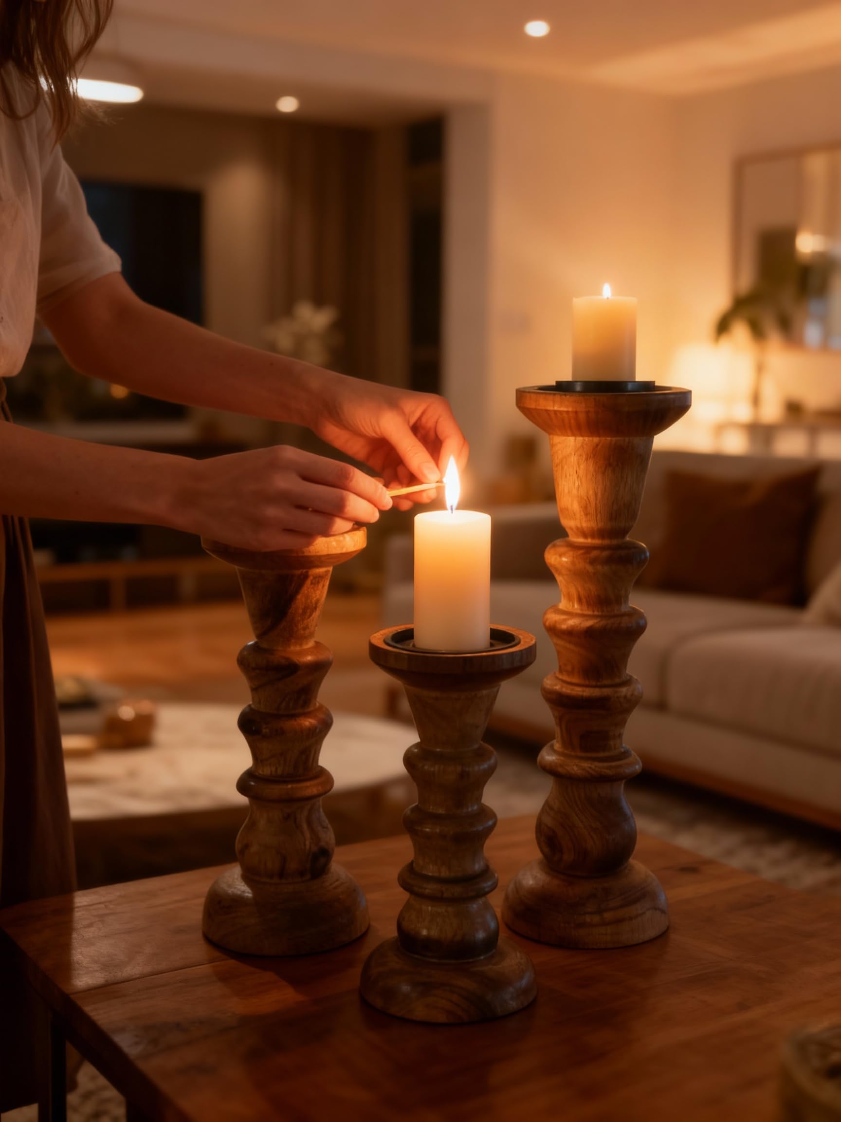 Wooden Pillar Candle Stand Set of 3 – Handcrafted Mango Wood Rustic Candle Holders for Home Décor, Dining Table Centerpiece & Wedding Decoration – Sizes 30×10cm,25 * 10 cm &15×10cm