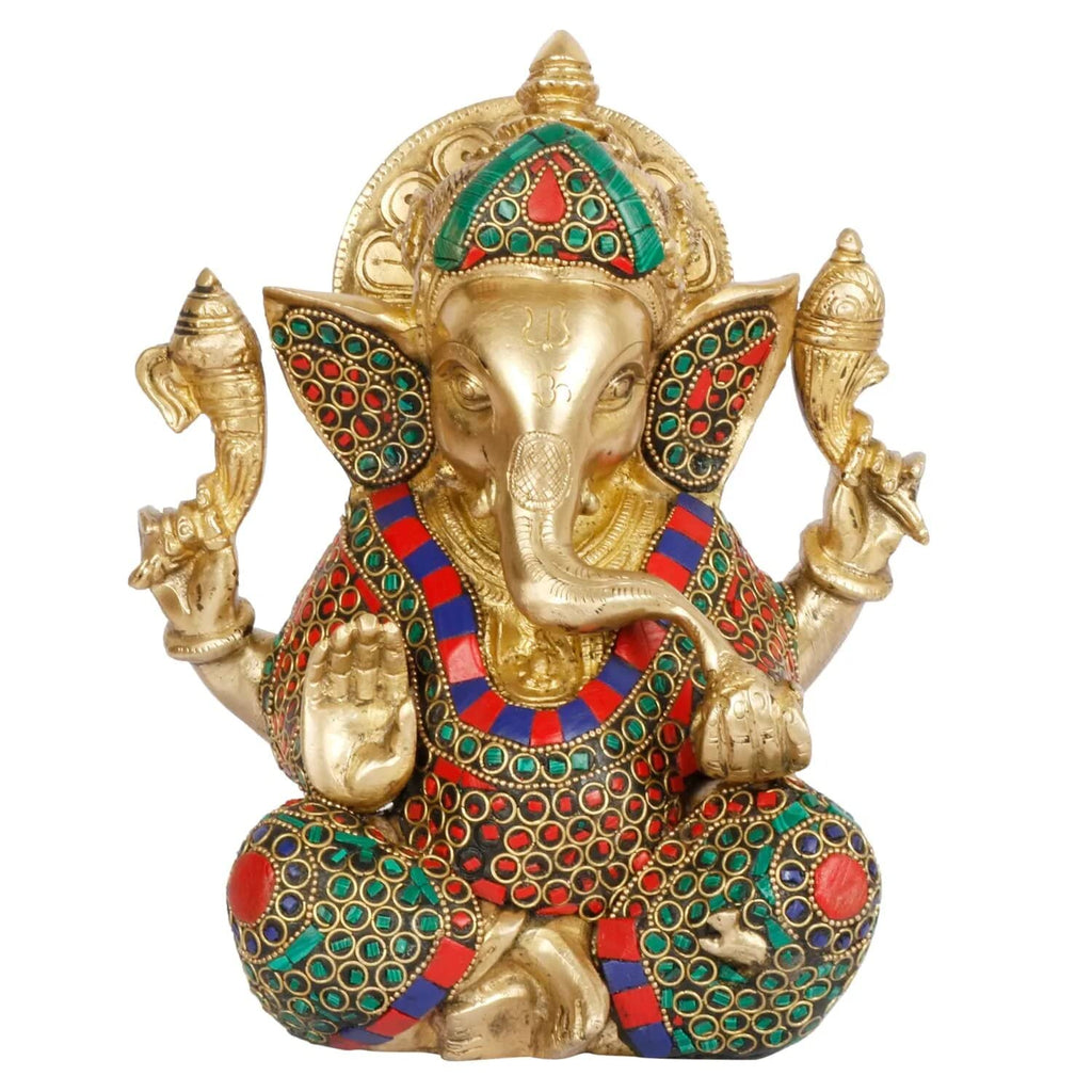 ARTVARKO Brass Ganesha Ganpati in Multicolour Gemastone Idol Ganesh Statue for Blessing Happiness, Health and Wealth Home Office Temple Puja 8 Inch