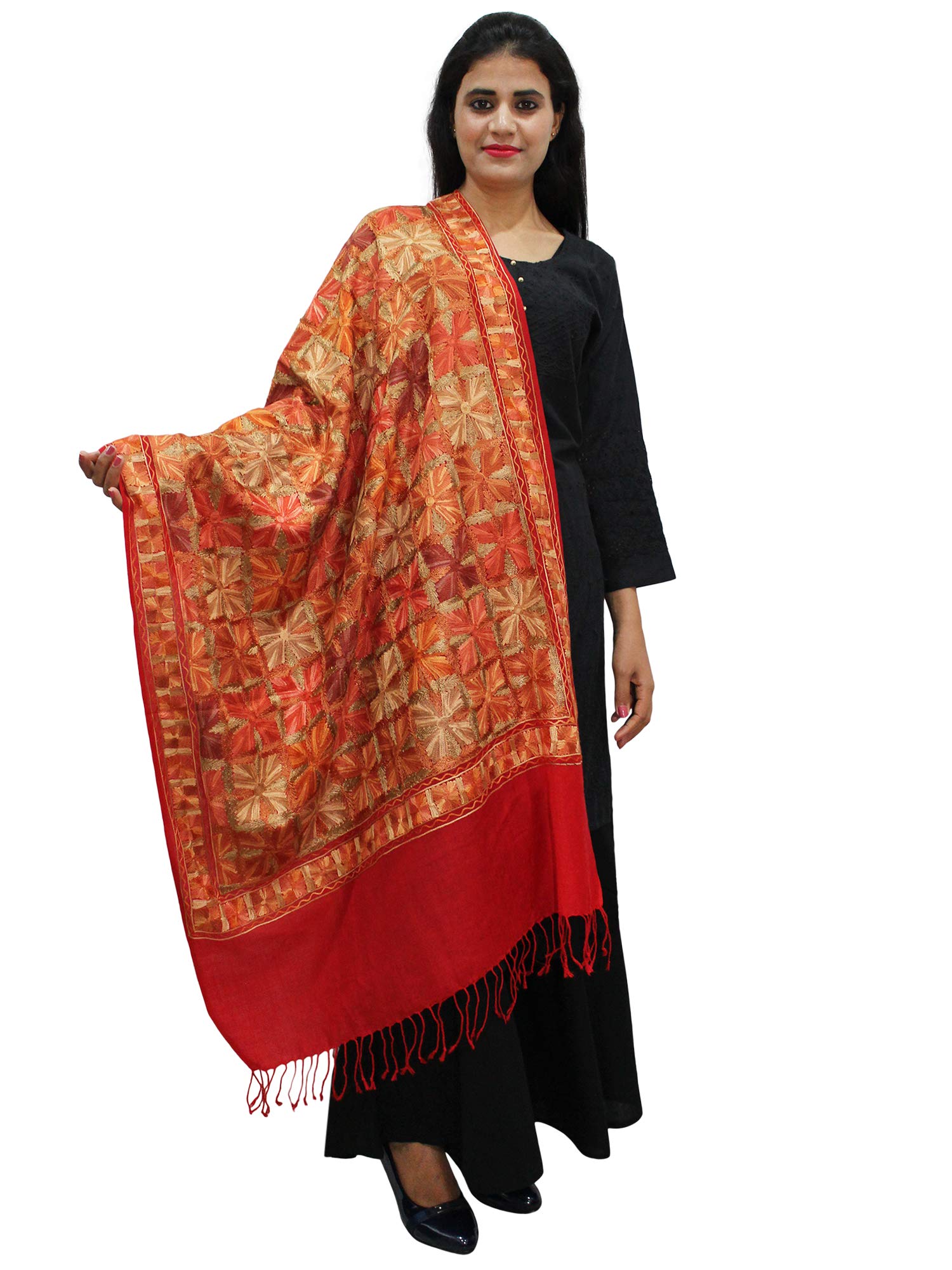 Matelco Women Pashmina Wool Emroidered Shawl Stole -28 x70 inches (Phulkari, Red)