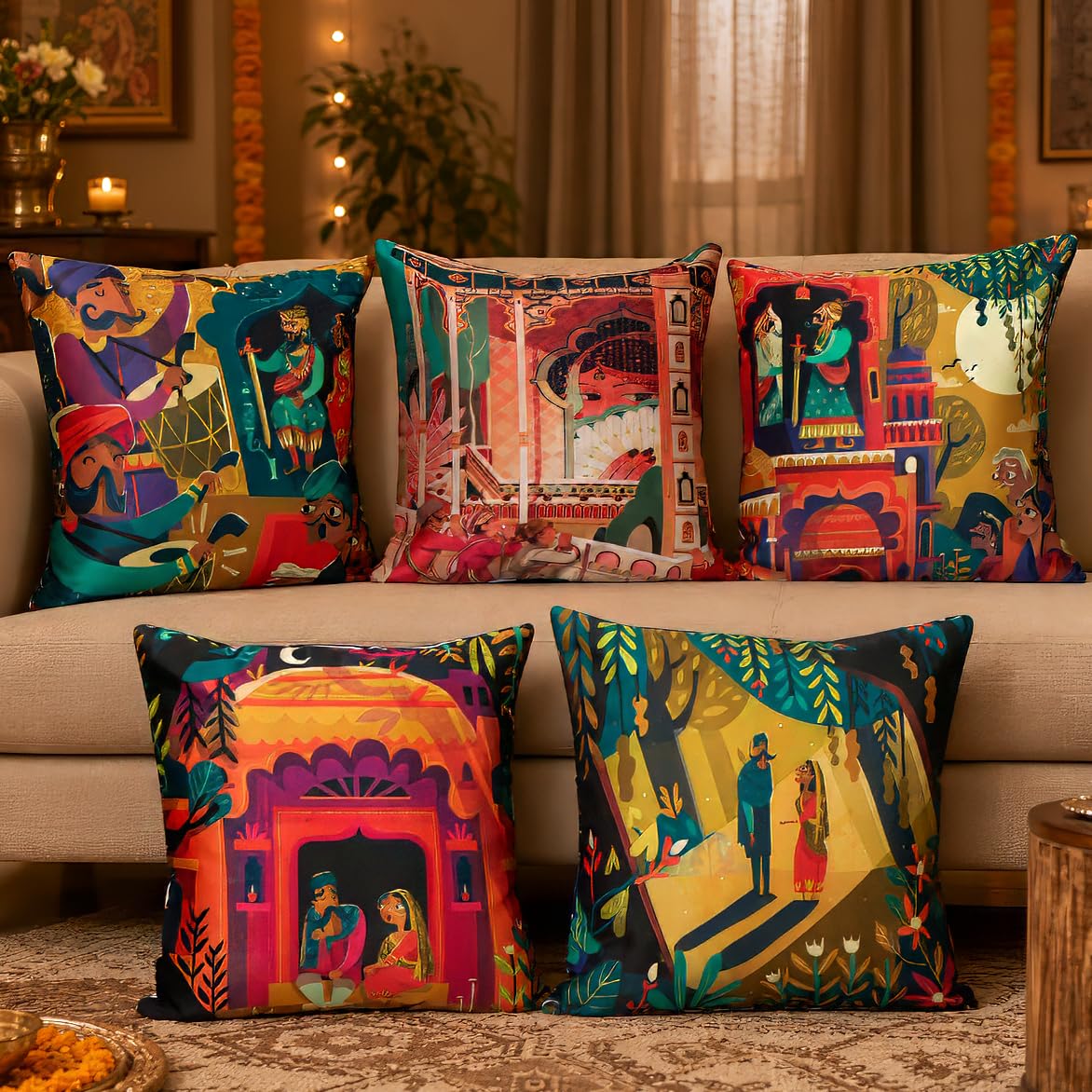 Vendola Decorative Satin Sofa Cushion Covers Set of 5, 24 Inch x 24 Inch, Sofa Pillow Cover, Ethnic Festive, Multicolor, Raja Rani Royal Design, Zipper Closure (Raja Rani, 24X24 Inches)