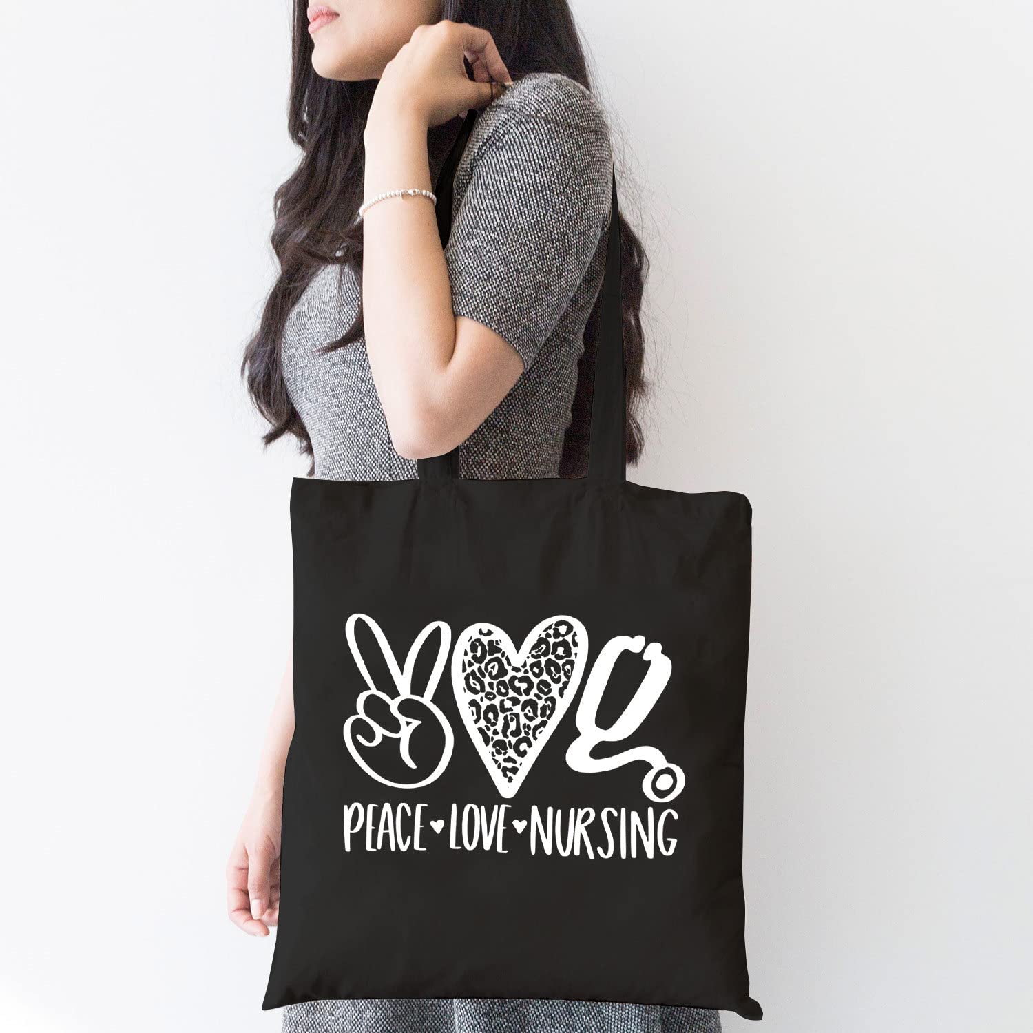 TSIIUO Peace Love Nursing Stethoscope Reusable Cotton Canvas Tote Bags for Women Funny Nurse Life Grocery Shopping Bag, Black, 15.8 x 13.5 inches