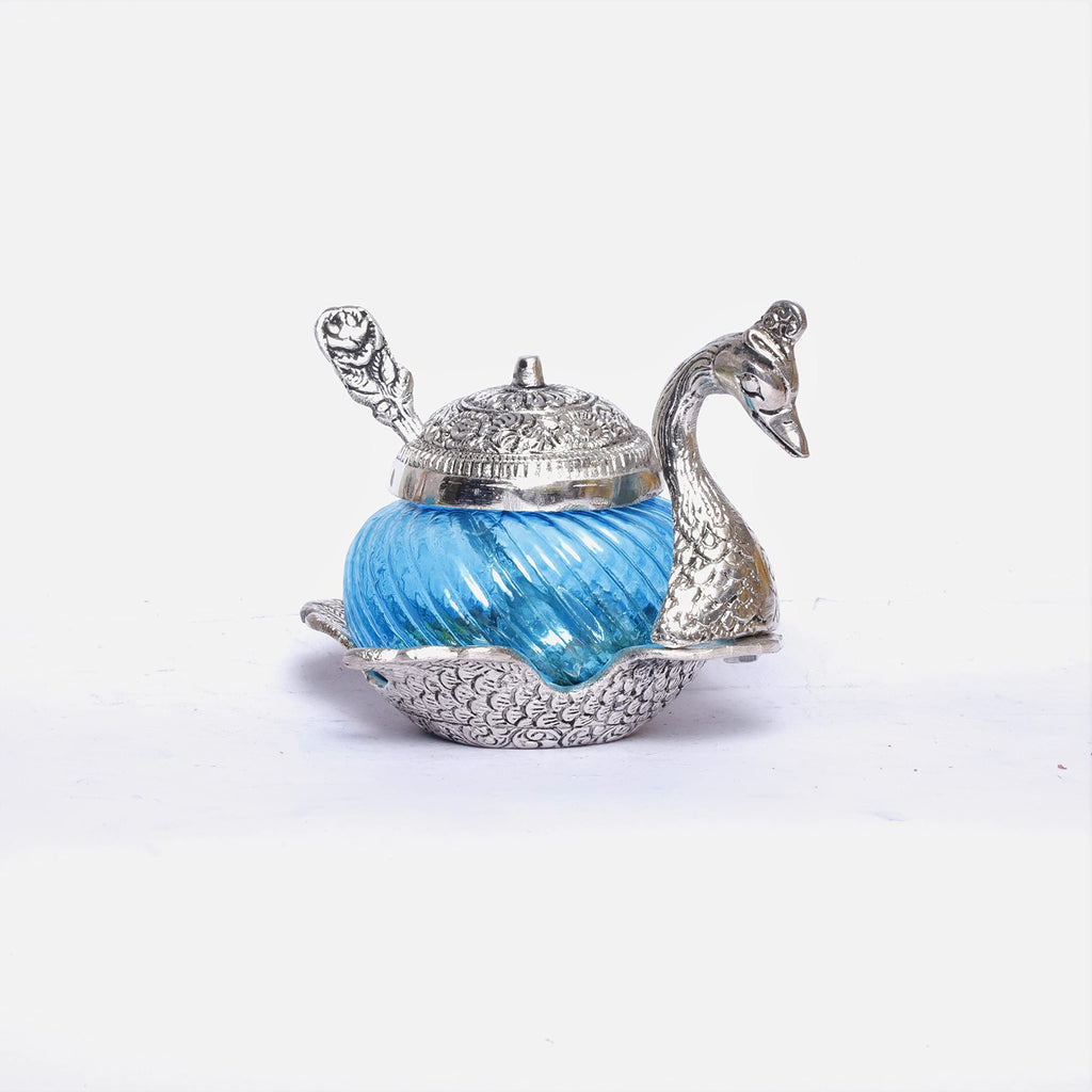 KridayKraft Metal Duck Shape Glass Bowl with Spoon for Saunf Supari & Dry Fruit Bowl of Home and Office Table Decorative Showpiece & Gifting Purpose