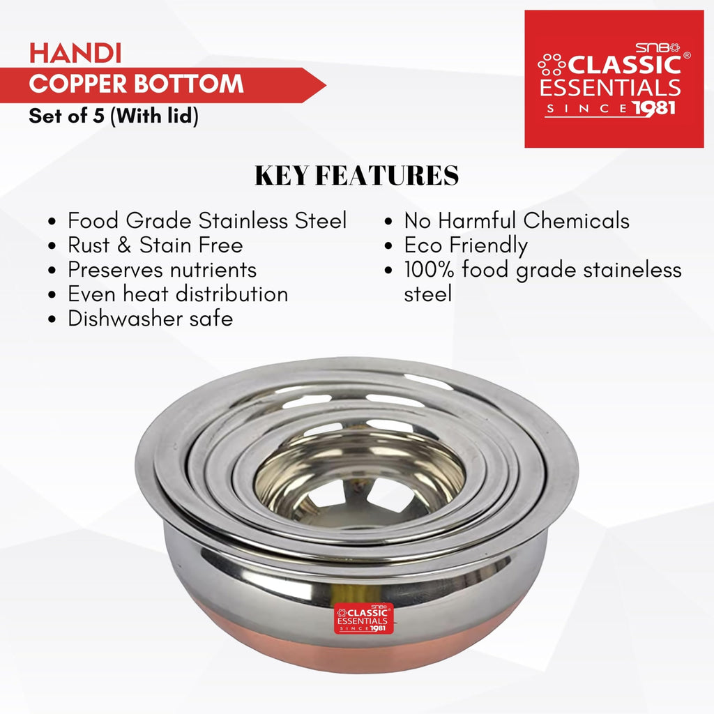Classic Essentials Copper Bottom Stainless Steel Handi Set with lid/Cookware Set/Patila/Bhagona/Biryani Cook & Serve (10)