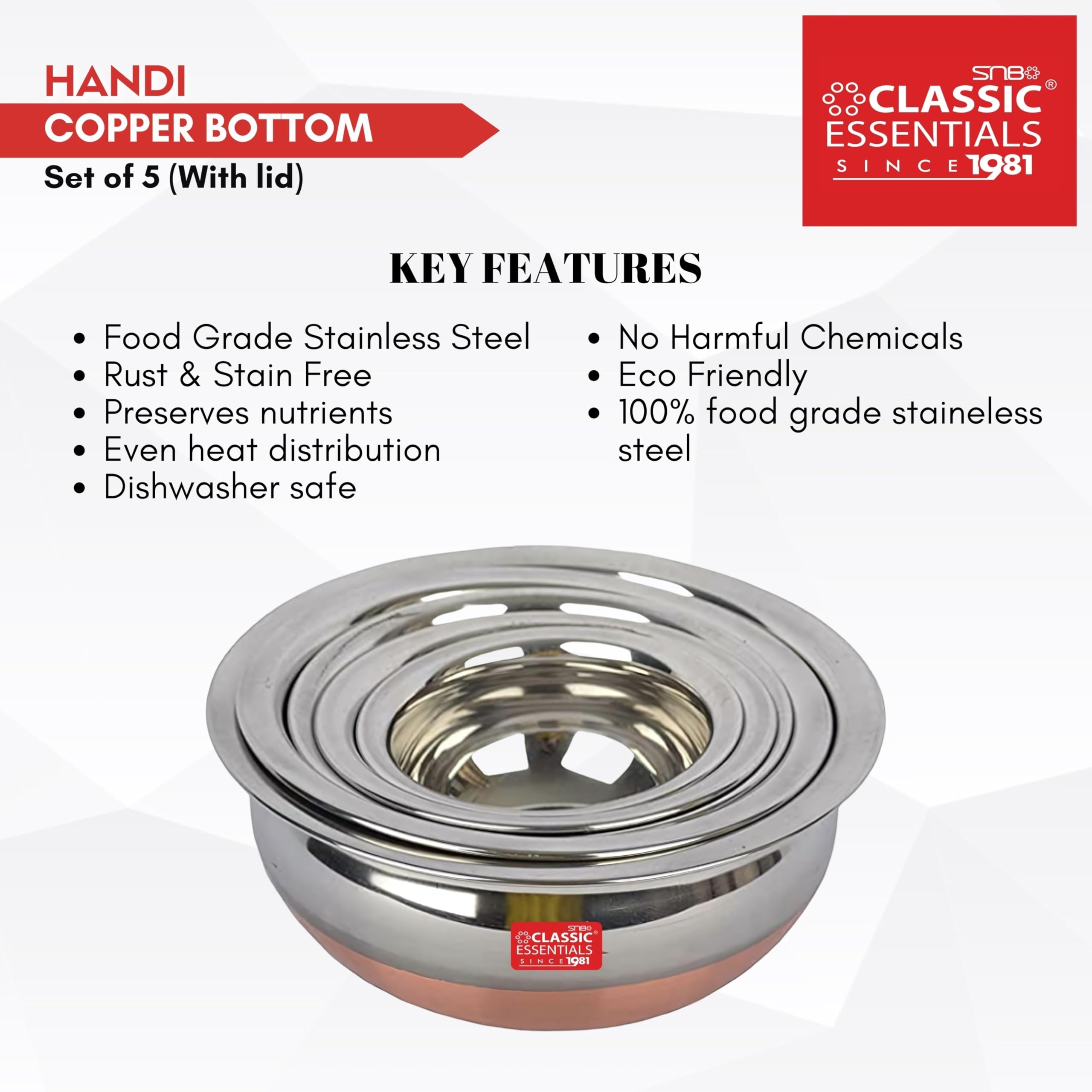 Classic Essentials Copper Bottom Stainless Steel Handi Set with lid/Cookware Set/Patila/Bhagona/Biryani Cook & Serve (10)