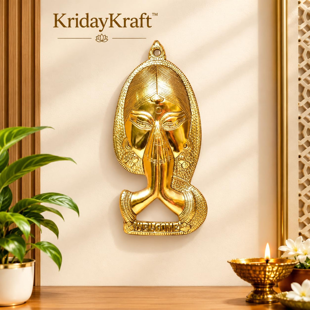 KridayKraft Aluminium Welcome Namaste Lady Door Metal Wall Hanging Decorative Showpiece for Home Wall Decor, House Warming Gift