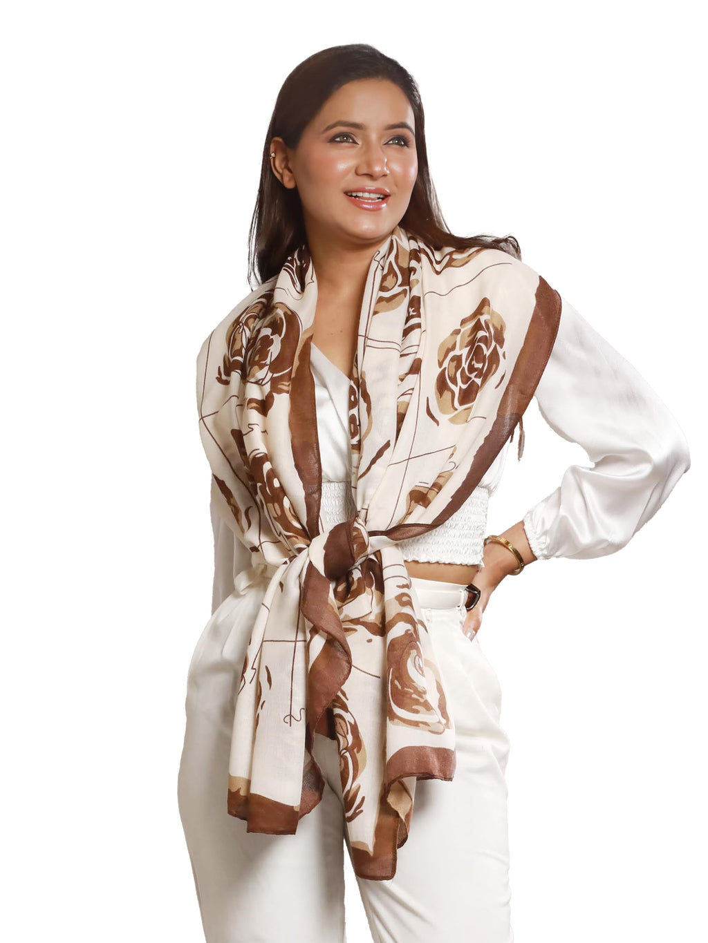 CrossKulture Offwhite Beige Brown Viscose Scarf | Lightweight & Long Stole - Stylish Design | Neck & Head Scarf for Women & Girls | All Season Accessory
