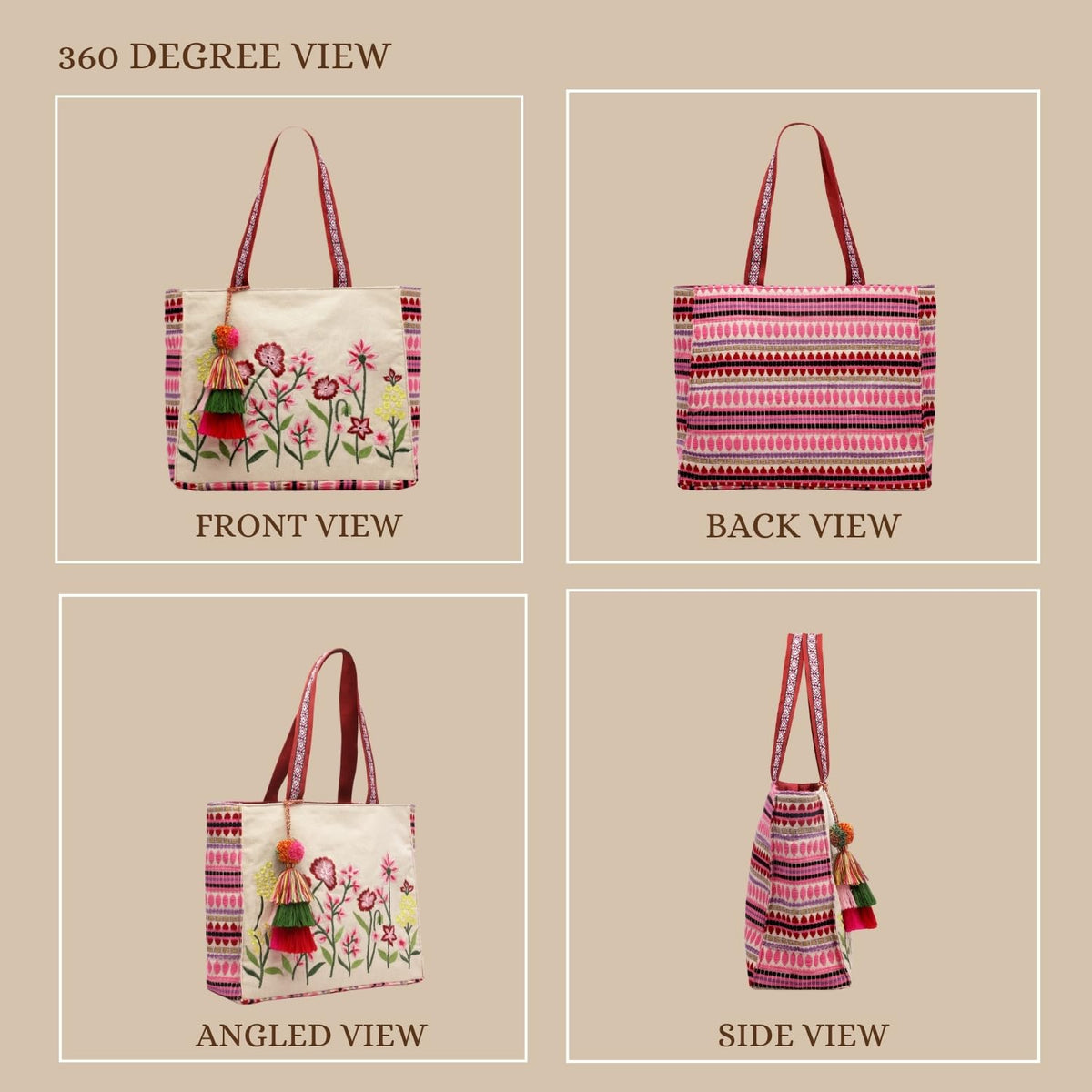 Anekaant Womens Kooky Natural, Pink & Multi Boho Floral Embroidered Handloom Cotton Jacquard Tote Bag