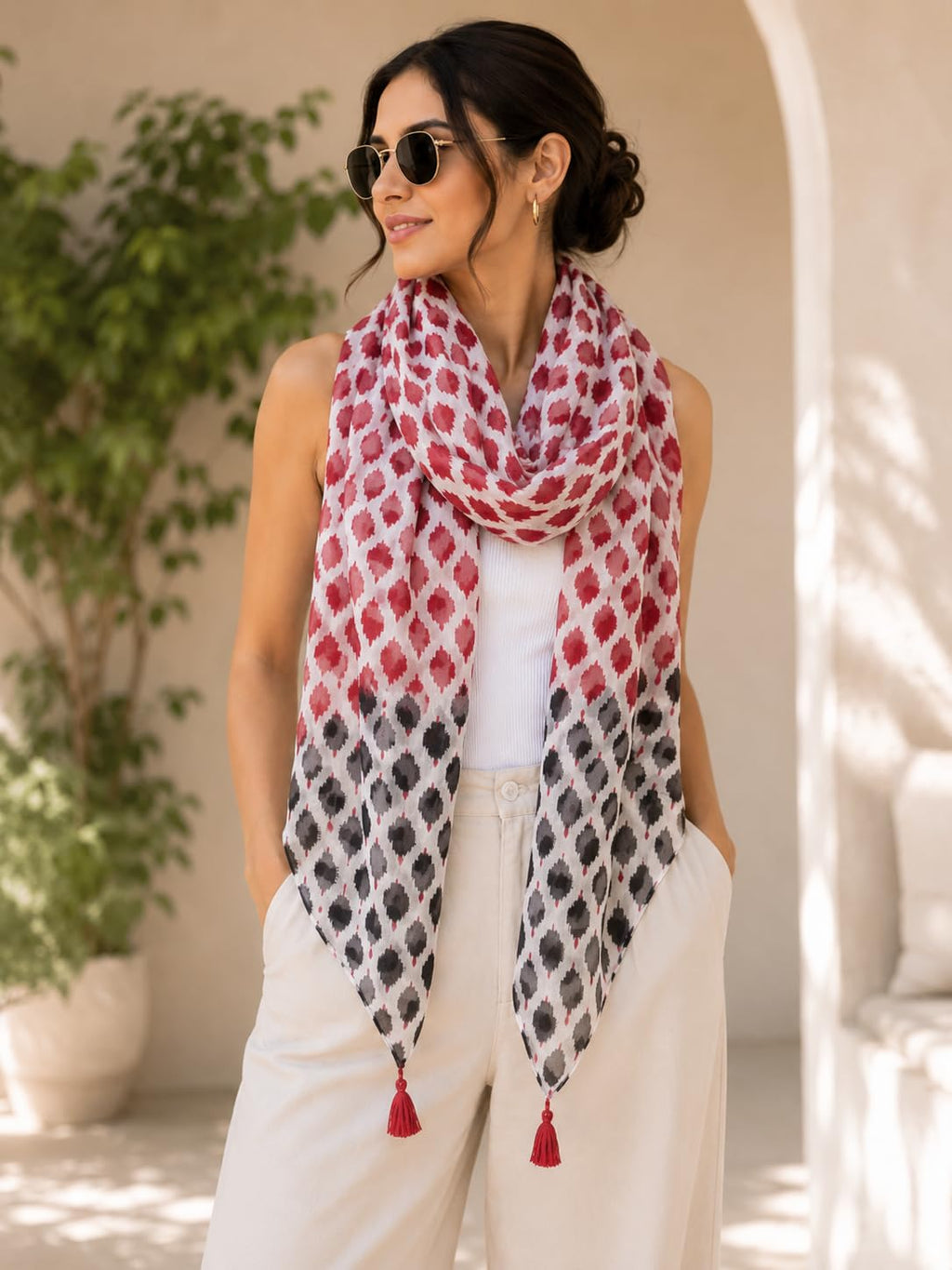 ESTA Women Scarf|Stole For Women|Scarf For Women Stylish|Stall For Women|Modern chic Face Cover Head Wrap |Ikat Inspired Printed Tassel Stole red .black color|180x50cm
