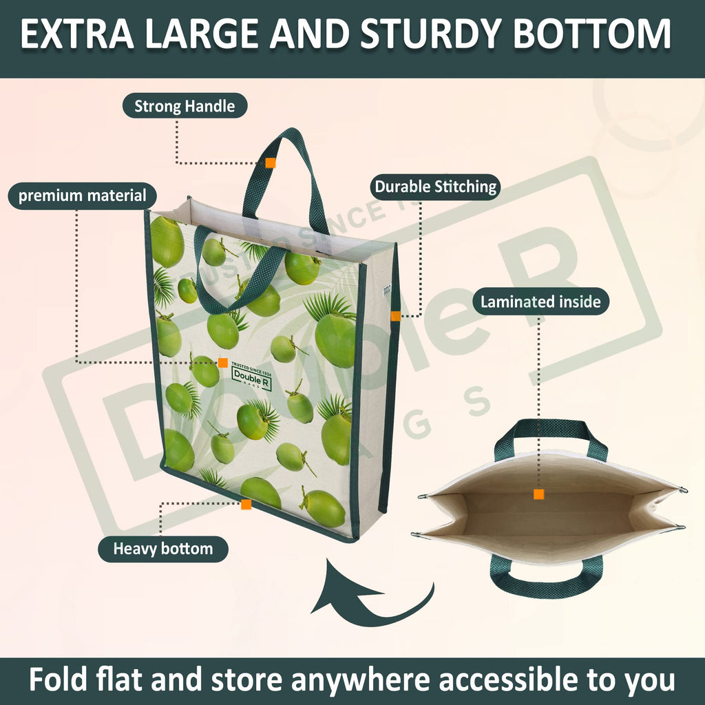 DOUBLE R BAGS Unisex Big Eco Cotton Canvas Shopping Bag for Grocery, Milk, Fruits & Vegetables | Reusable Jhola Tote with Reinforced Handles | Cherry Print, 34x9.5x39.5 cm, 1 Compartment (Pack of 4)