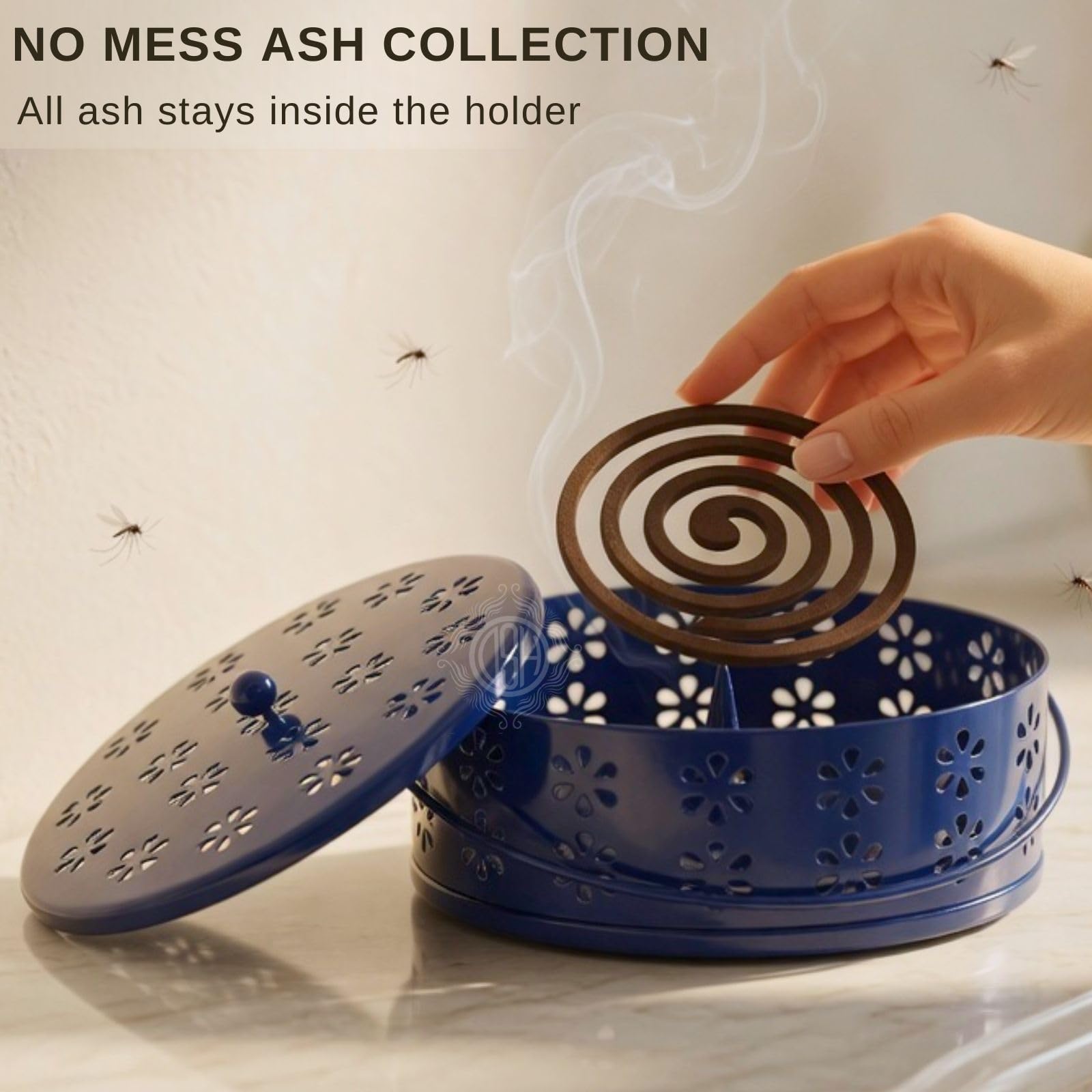 DSH Metal Mosquito Coil Holder with Lid & Handle Ash Catcher Stand for Mosquito Coil Indoor Outdoor Safe Use (Blue)