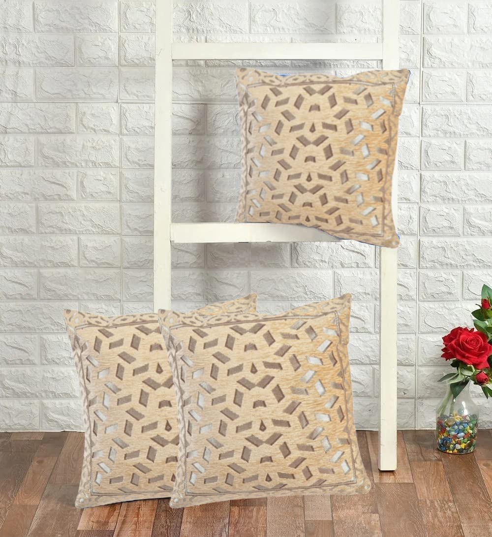 DECOMIZER Jacquard Geomteric Cushion Covers 24 Inch X 24 Inch Set Of 3 Ethnic Motifs 240 TC Cushion Covers,Design- Bricks,Color- Beige