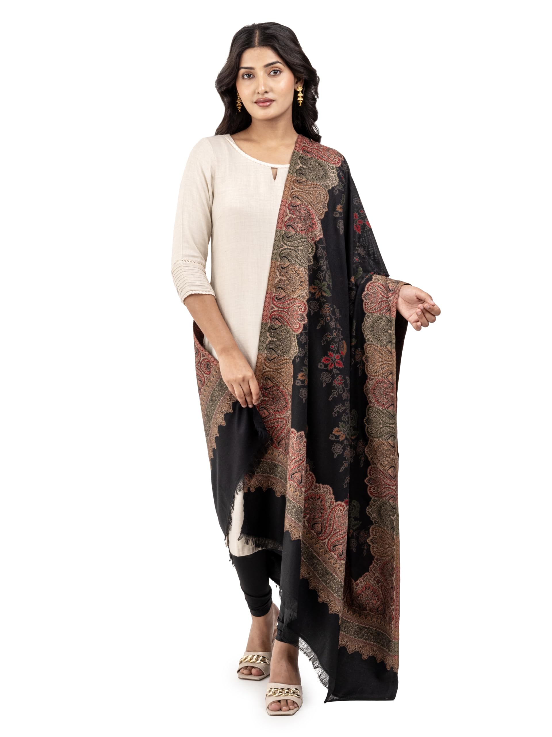 Naureen Women Faux Pashmina Kani Shawl, Floral Artwork, Warm and Soft, 40x80 inch