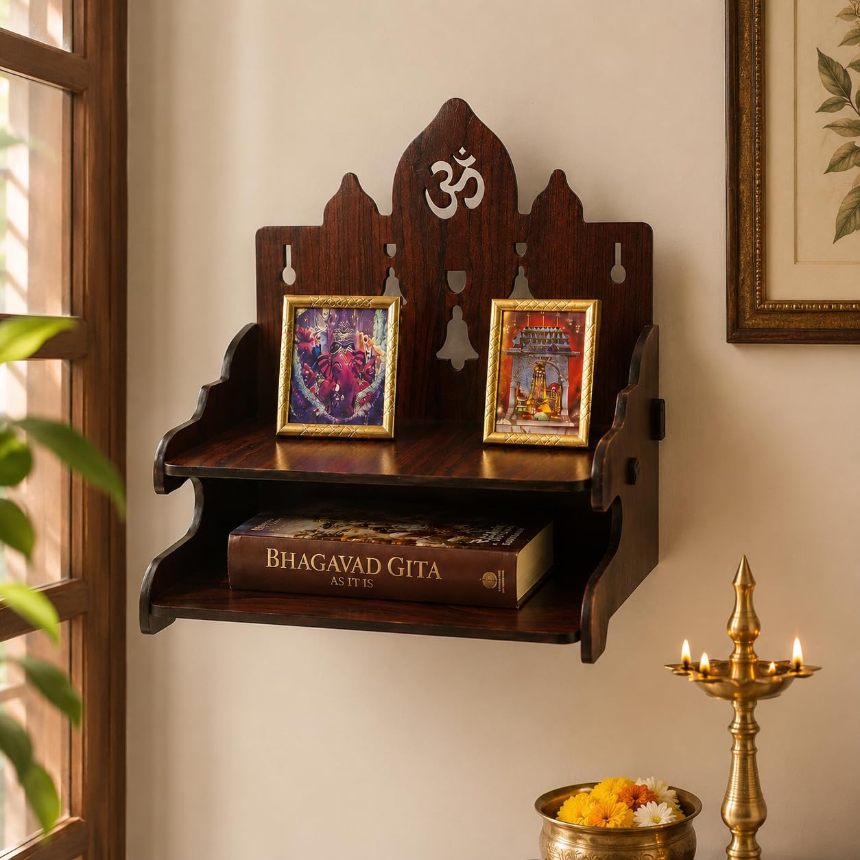 Zesta Wooden Mandir for Home Big Size | DIY Pooja Mandir with LED Spot Light | Devghar Cabinet for Living Room or Office | Wall Mounted Pooja Unit for Home (Temple with 2 Steps)
