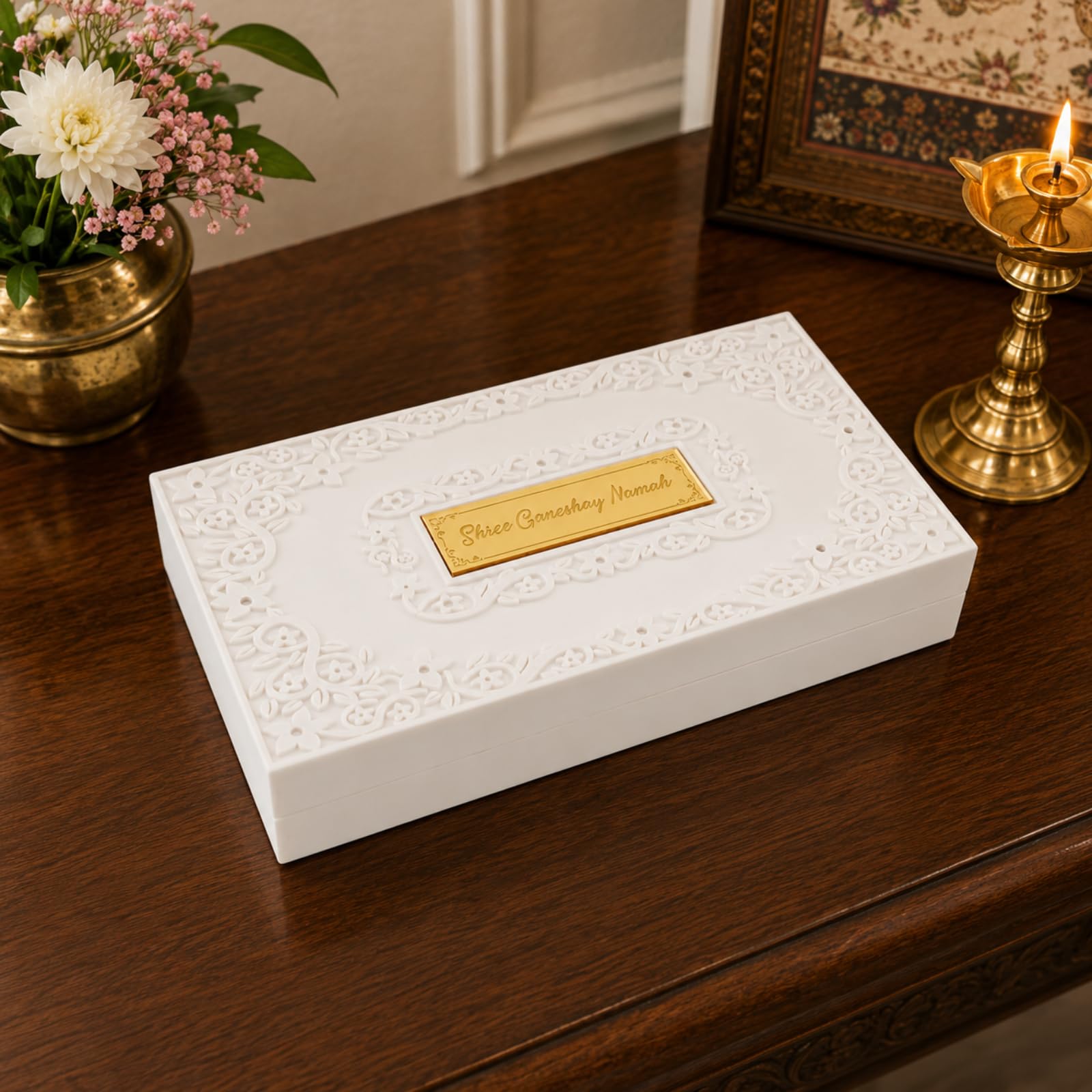 Dev Darbaar Shree Ganesh Charan Paduka Frame, 24K Gold Plated Ganesha Pocket Temple for Home & Office, Decorative Ganesh Gift Box for Pooja, Diwali, Housewarming & Spiritual Decor