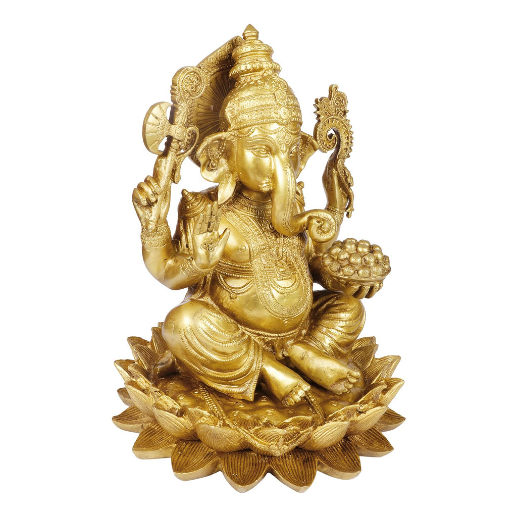 ARTVARKO Brass Ganesha Sitting on Lotus Flower Base Statue Ganesh Murti for Home Temple Gift Décor Office Height 11 Inches
