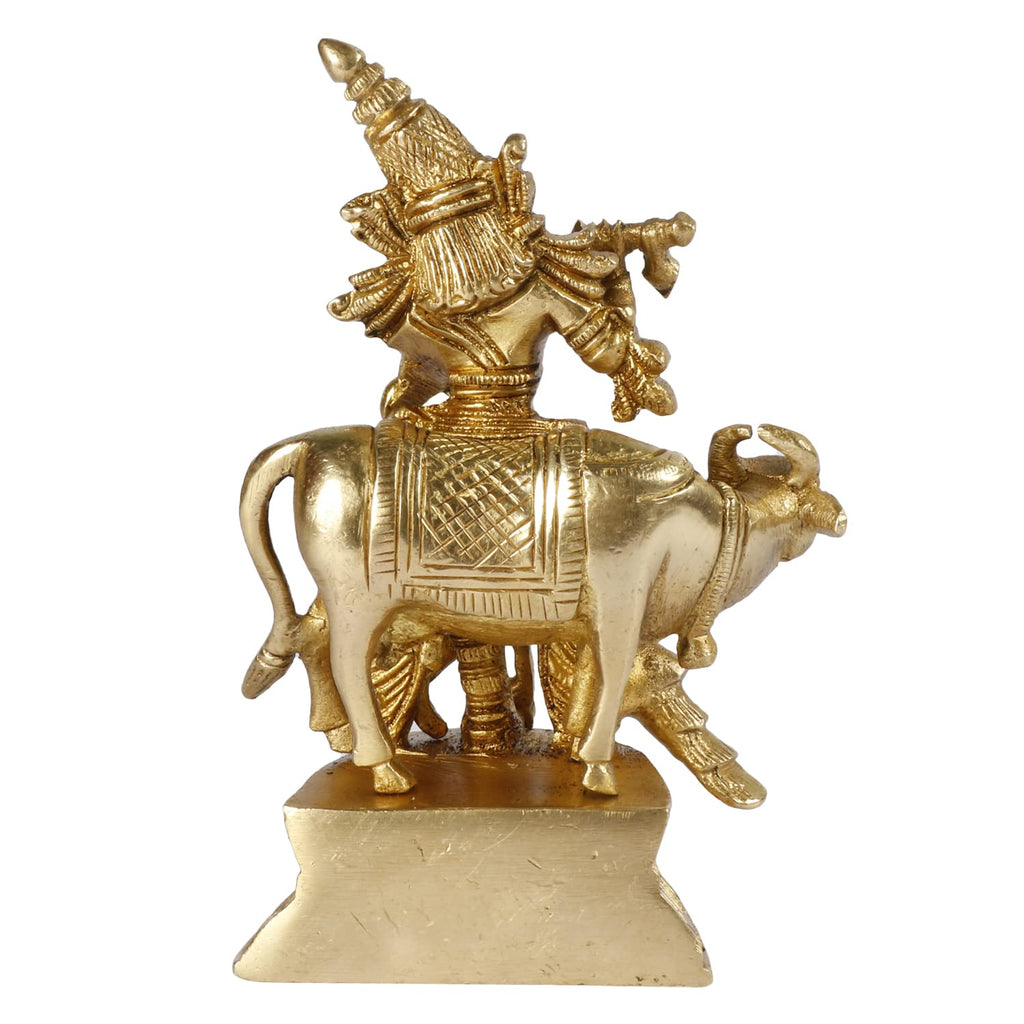SVARUP Brass Krishna Bhagwan Idol with Gau MATA in Gold Color Height 5 Inch