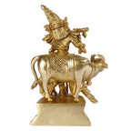 SVARUP Brass Krishna Bhagwan Idol with Gau MATA in Gold Color Height 5 Inch
