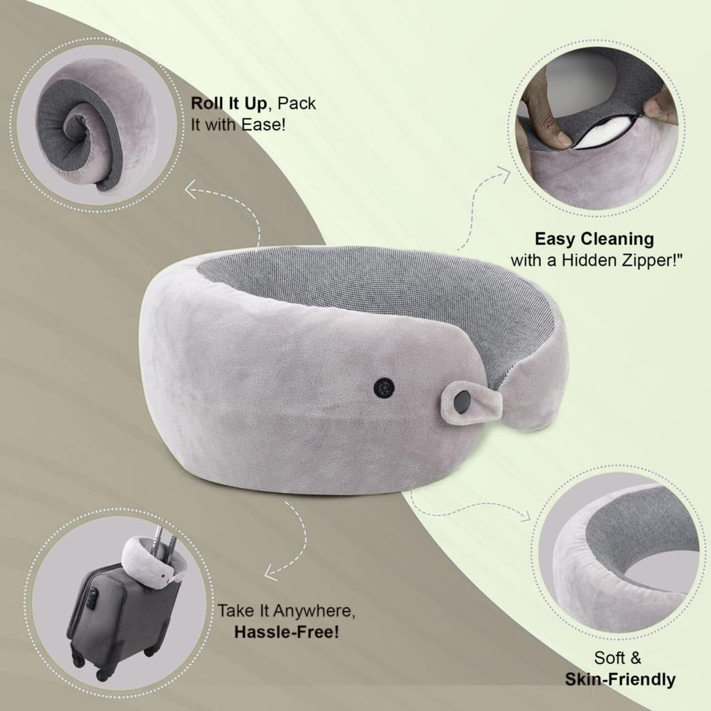 Billebon Memory Foam Neck Pillow with Cooling Gel, Snake Shape Travel Pillow with Snap Button, Neck Rest for Travelling & Flight Travel, Ergonomic Support for Comfort & Pain Relief, Black, Combo
