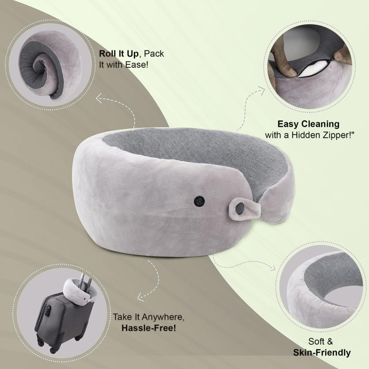 Billebon Memory Foam Neck Pillow with Cooling Gel, Snake Shape Travel Pillow with Snap Button, Neck Rest for Travelling & Flight Travel, Ergonomic Support for Comfort & Pain Relief, Black, Combo