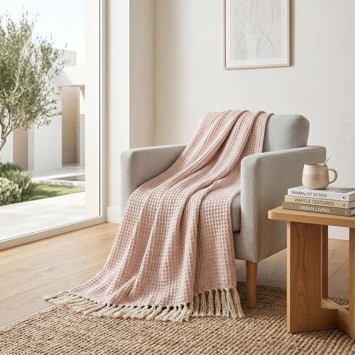 SAJAVAT HOME Hand Crafted Cotton Sofa Throw Blanket | Baby Pink & Beige All-Season Throw for Sofa, Couch & Bed | Soft Lightweight Knitted Design with Tassels | 80×52 Inches (204×132 cm) Kafalo