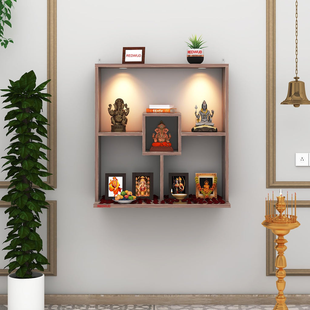 Redwud Shally Engineered Wood LED Light Wall Mounted Puja Temple for Home & Office | Modern Design Stylish God Stand Pooja Mandir | Coachwood (D.I.Y-Installation)
