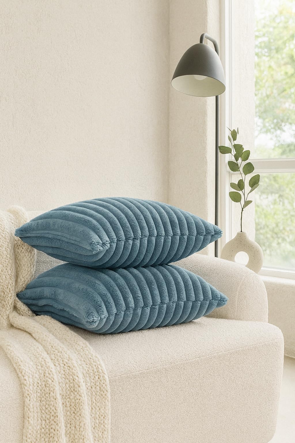 AWARD VELVETS Premium Faux Rabbit Fur Plush Luxury Soft Fluffy Striped Decorative Throw Pillow/Cushion Covers for Sofa, Couch, Living Room - (Blue, 16 x 16 inch) Set of 2