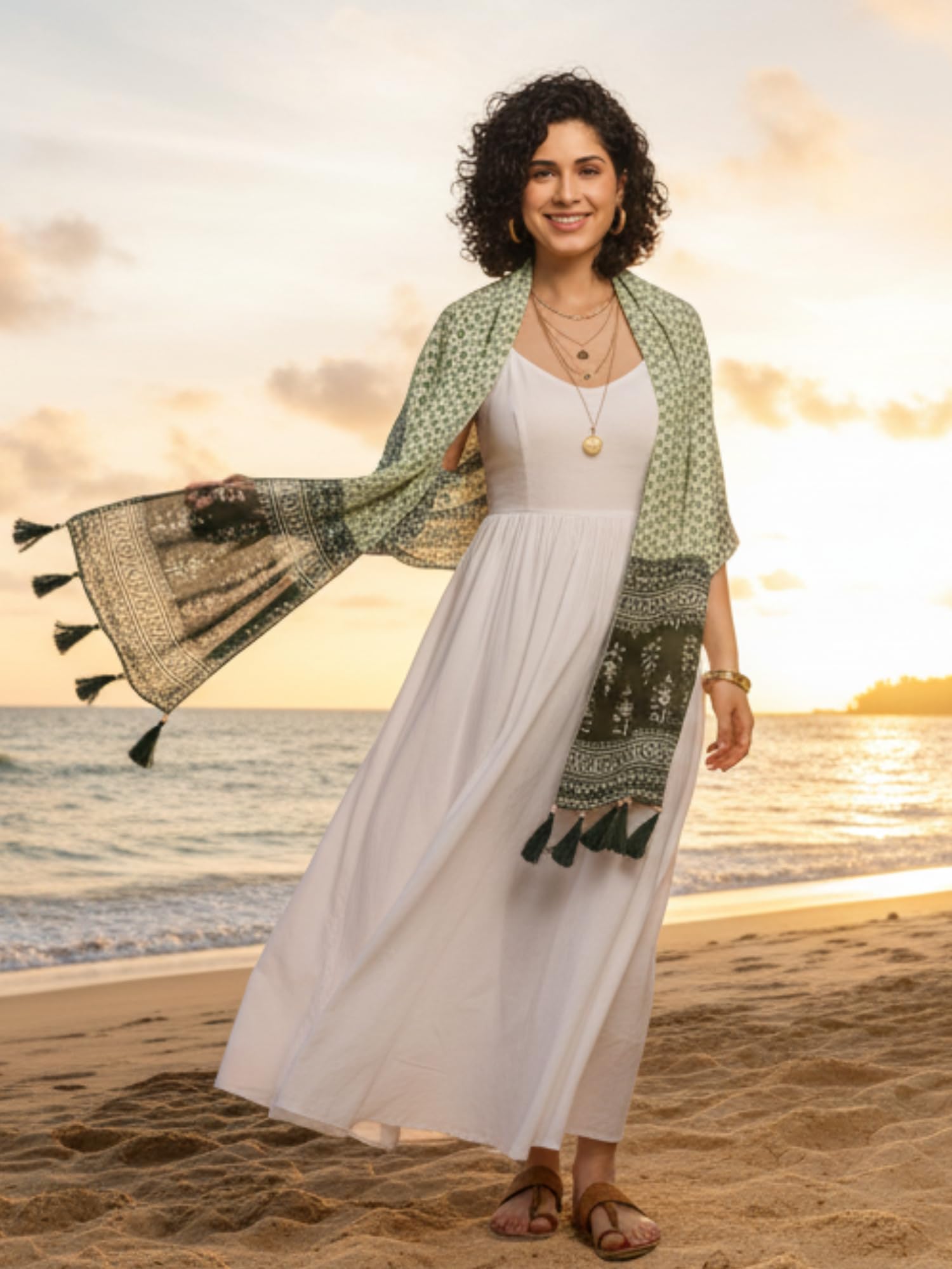 KE KANHA EXPORTS Scarf for Women Premium Cotton Boho | Dual Tone Border Print Stole with Tassels | Lightweight Summer Beach Wrap 180 x 50 cm (Mint Petal Dot)