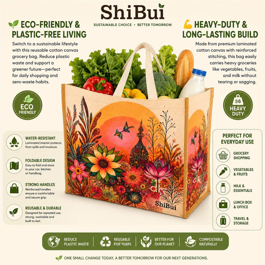 SHIBUI Big Heavy Duty Large Eco Waterproof Cotton Canvas Cloth Grocery Shopping Bag for Men Ladies Vegetable Milk Fruits with Hand Carry Handle Lunch Box Jhola Tote Bags (6, Flower Print)