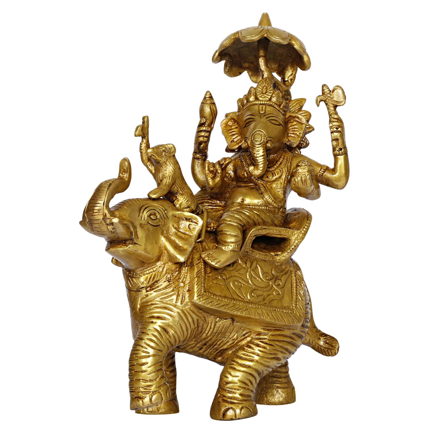 ARTVARKO Brass Ganesha Idol Ganesh Sitting on Elephant with Rat Mooshak Singhasan Ganpati Murti for Home Office Entrance Decor Diwali Pooja Golden Height 9 Inches