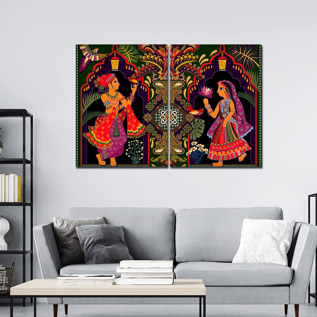 VIBECRAFTS Madhubani Art 2 Pieces Canvas Wall Painting Fitted With Wooden Frame For Home | Office | Living Room | Gifts(PTVC2Pcs1_17502N)