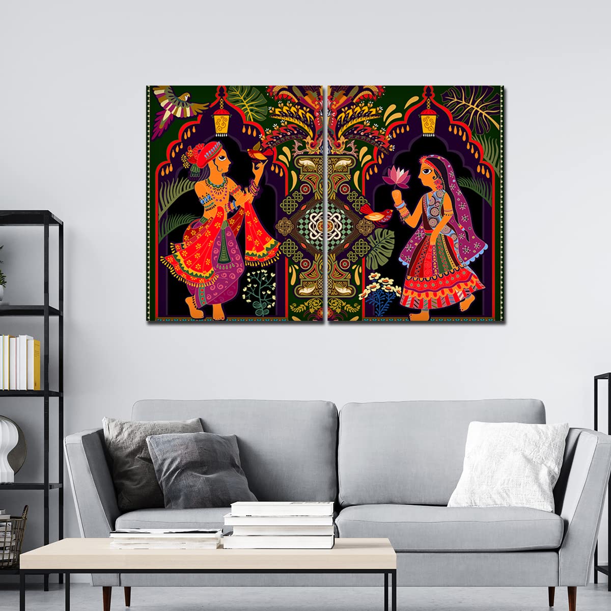 VIBECRAFTS Madhubani Art 2 Pieces Canvas Wall Painting Fitted With Wooden Frame For Home | Office | Living Room | Gifts(PTVC2Pcs1_17502N)