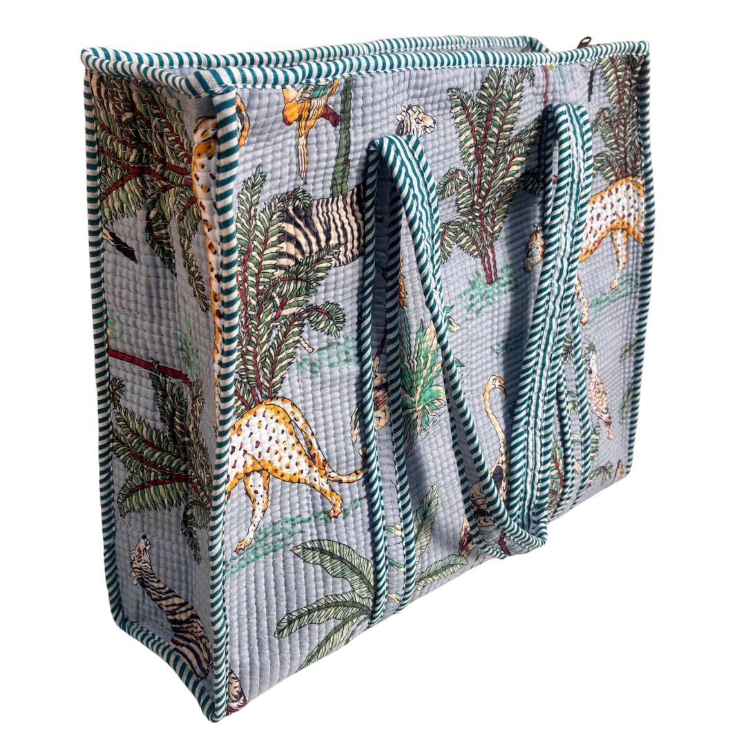 Bazaar Bhoot Edition Premium Cotton Quilted Shopping Tote Bag - Multipurpose Long Lasting Foldable Reusable Bag with zipper for Shopping, Travel & Daily Use - Made in India (Animal Print Azure Blue)