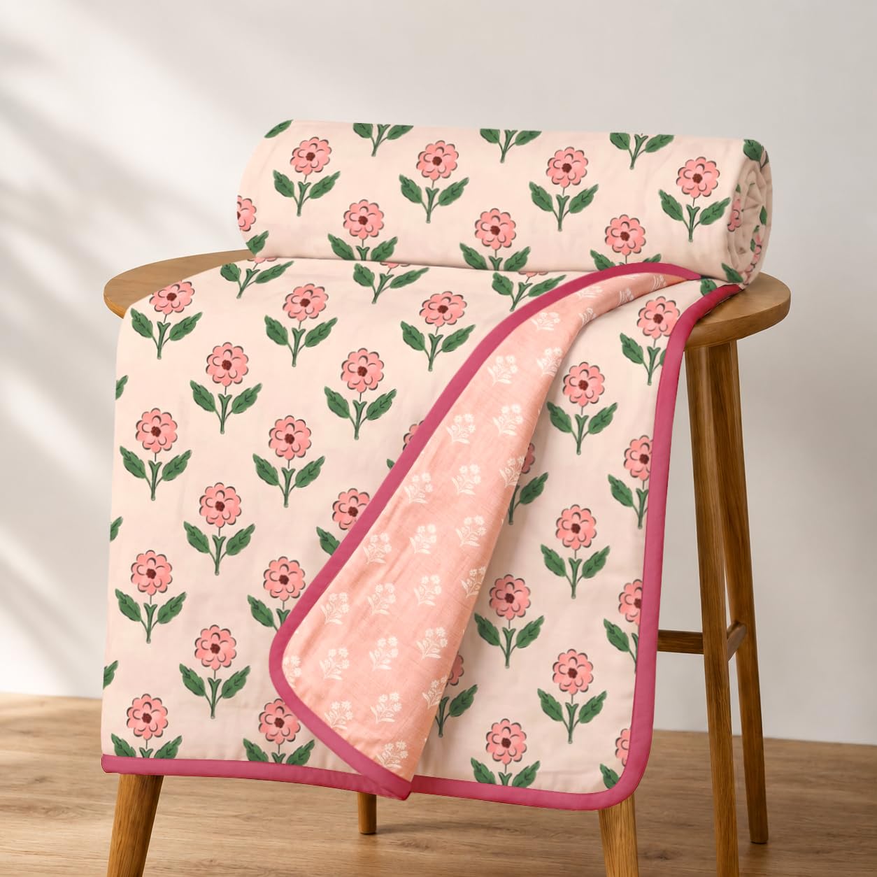 Homestan Reversible All Season Cotton Feel Dohar for Double Bed,Soft Light Weight AC Blanket/Comforter for Summer/Winter/Monsoon (84x88 Inches, Blossom Blush) Kafalo