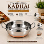 KARVA GROUP Copper Bottom Kadhai (3.2 Liters) | Kadhai with Handle | kadai | Kadhai Wok Bowl for Cooking/Deep-Frying | Copper Handle Wok Bowl | Cookware Kadai for Kitchen, Home(Size-14)