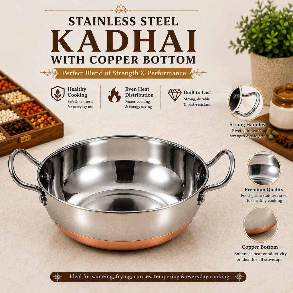 KARVA GROUP Copper Bottom Kadhai (1.8 Liters) | Kadhai with Handle | kadhai | Kadhai Wok Bowl/Kadai for Cooking/Deep-Frying | Copper Handle Kadhai | Cookware Kadhai for Kitchen, Home(Size-12)