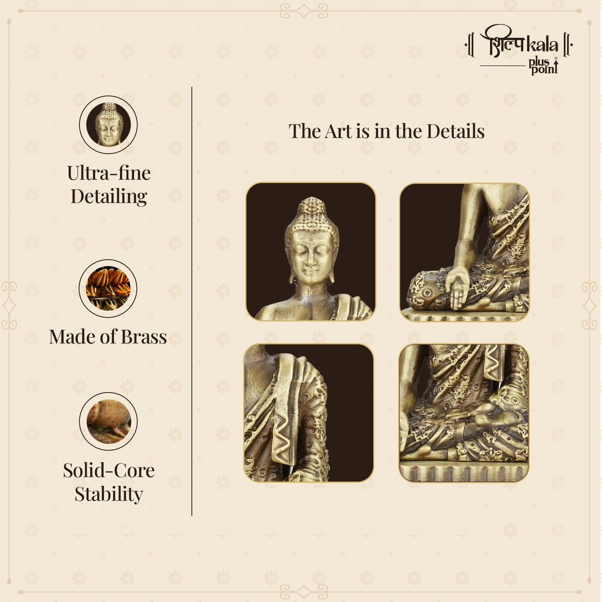 Shilpkala 3.5 Inch Brass Ultra Fine Gautam Buddha Idol for Home & Office, Pooja, Table Decor, Worship & Gift
