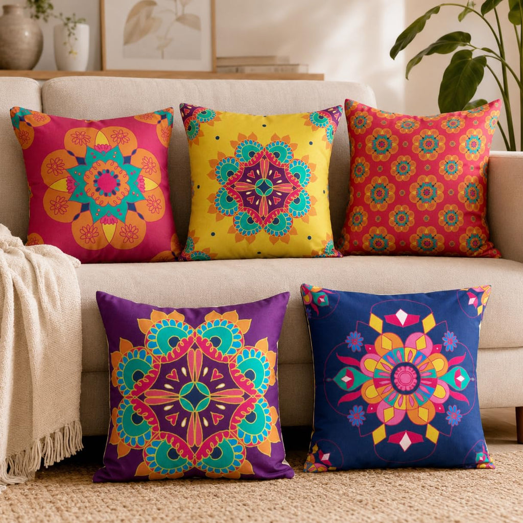 Vendola Decorative Satin Sofa Cushion Covers Set of 5, 16 inch x 16 inch, Sofa Pillow Cover, Ethnic Festive, Yellow, Blue & Multicolor, Rangoli Rajasthani Design Zipper Closure (Amber, 16X16 Inches)
