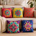 Vendola Decorative Satin Sofa Cushion Covers Set of 5, 16 inch x 16 inch, Sofa Pillow Cover, Ethnic Festive, Yellow, Blue & Multicolor, Rangoli Rajasthani Design Zipper Closure (Amber, 16X16 Inches)