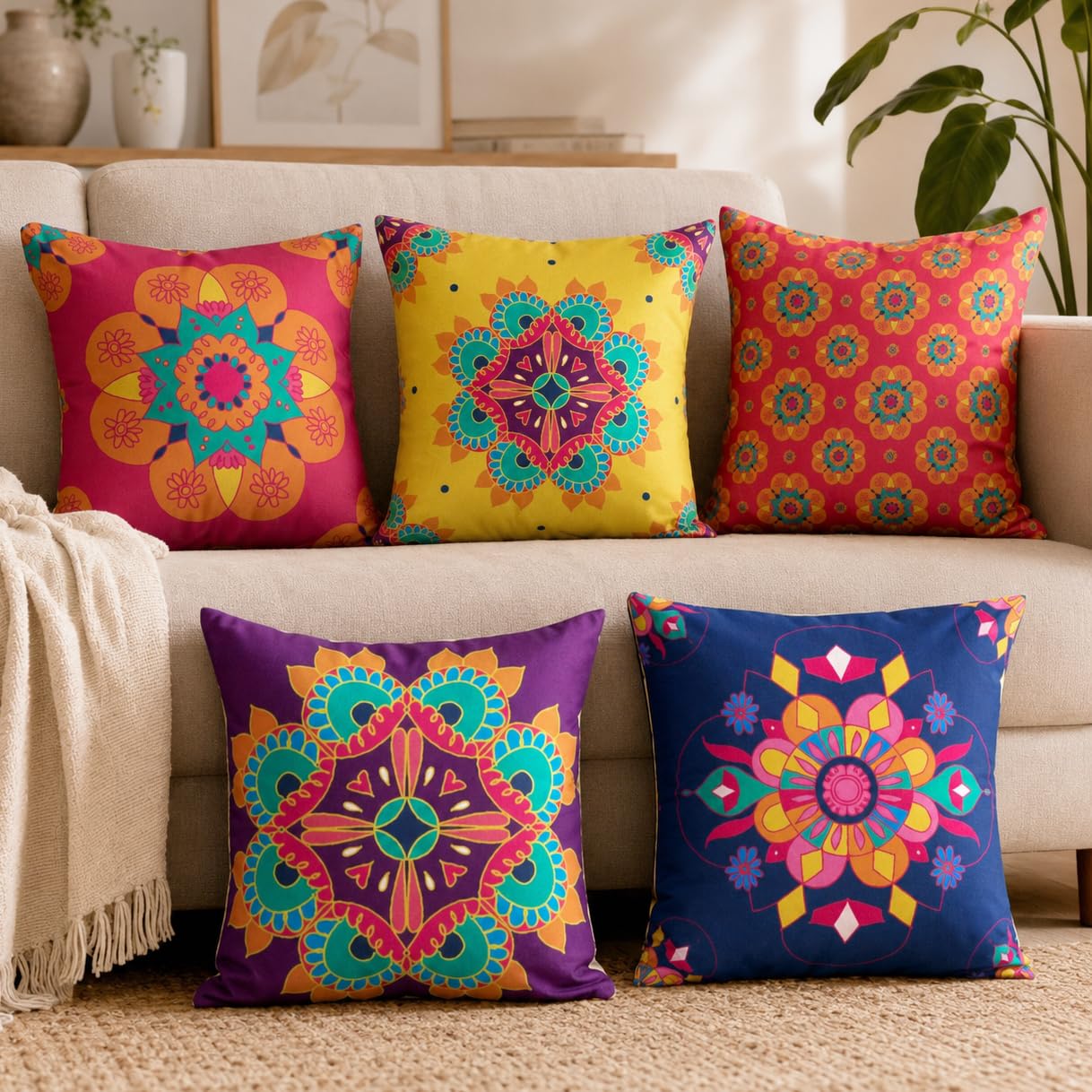 Vendola Decorative Satin Sofa Cushion Covers Set of 5, 20 Inch x 20 inch, Sofa Pillow Cover, Ethnic Festive, Yellow, Blue & Multicolor, Rangoli Rajasthani Design Zipper Closure (Amber, 20X20 Inches)