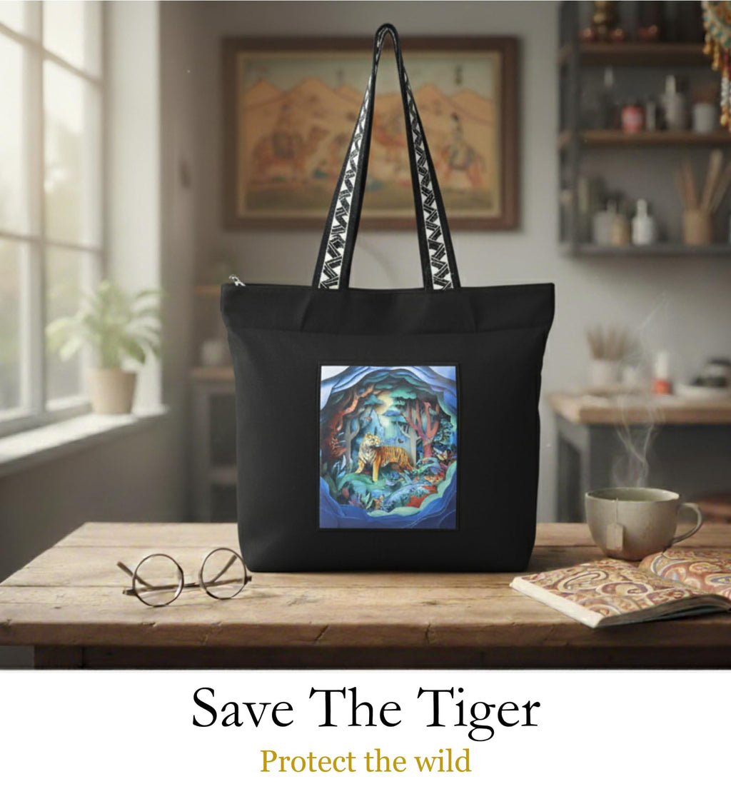 WOTM On The Move Tote | Premium Printed Cotton Canvas Tote Bag with Zipper & Inside Pocket, Stylish Everyday Travel Bag for Work, College, Office, Travel, Shopping (Save the Tiger)